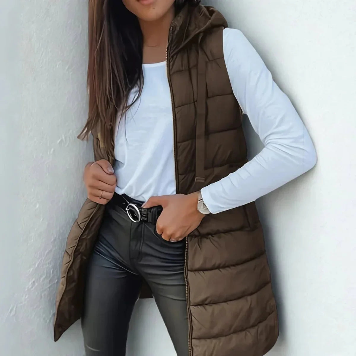 Elsabet - Women's Longline Hooded Puffer Vest - Brown