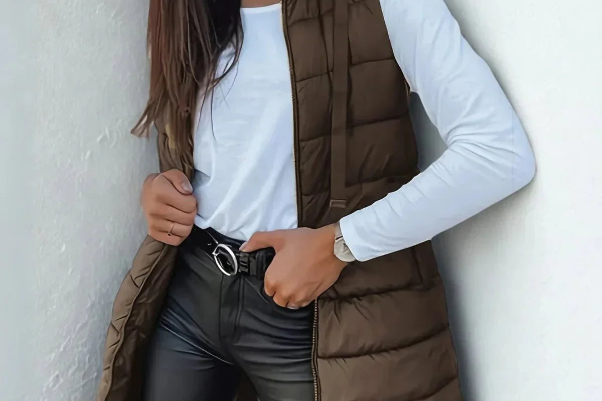 Elsabet - Women's Longline Hooded Puffer Vest - Brown
