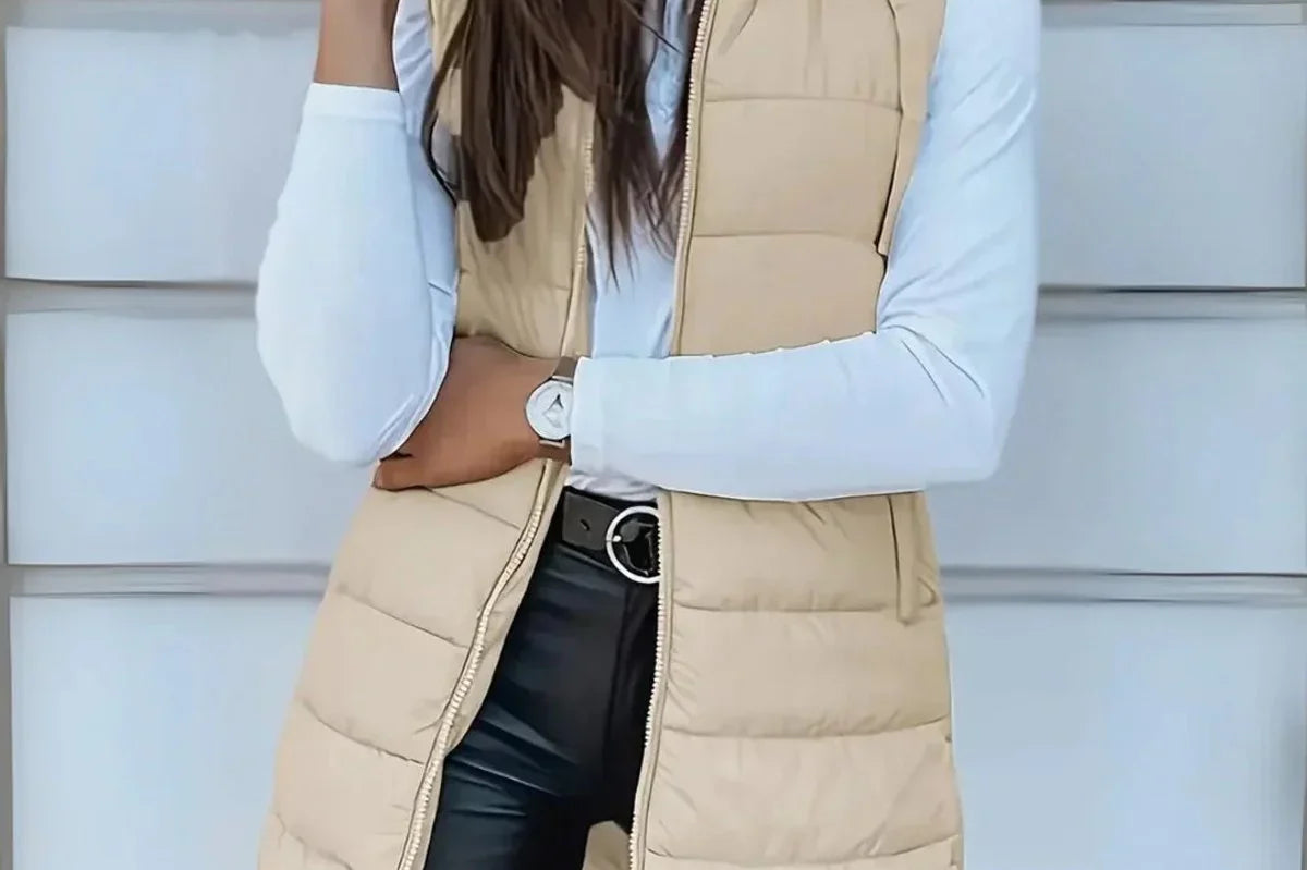 Elsabet - Women's Longline Hooded Puffer Vest - Beige