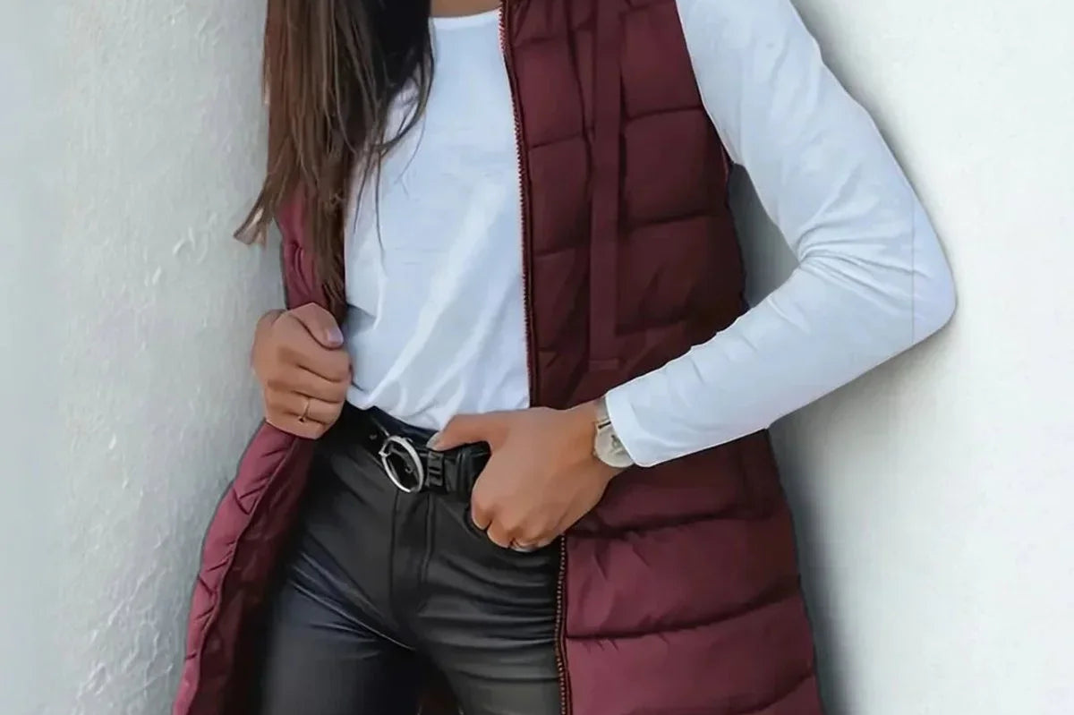 Elsabet - Women's Longline Hooded Puffer Vest - Chestnut Brown