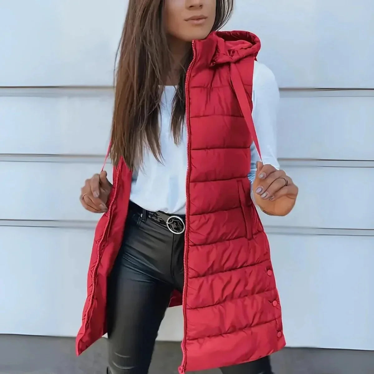 Elsabet - Women's Longline Hooded Puffer Vest - Red