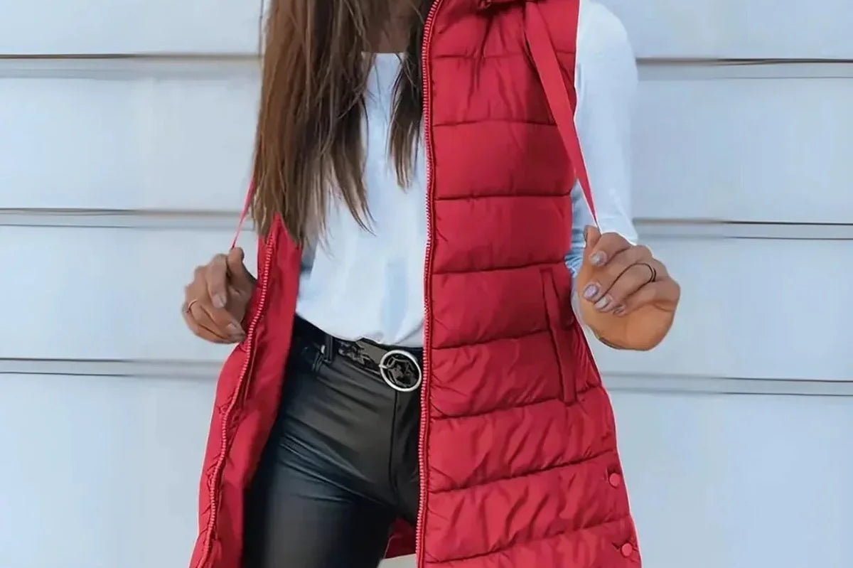 Elsabet - Women's Longline Hooded Puffer Vest - Red