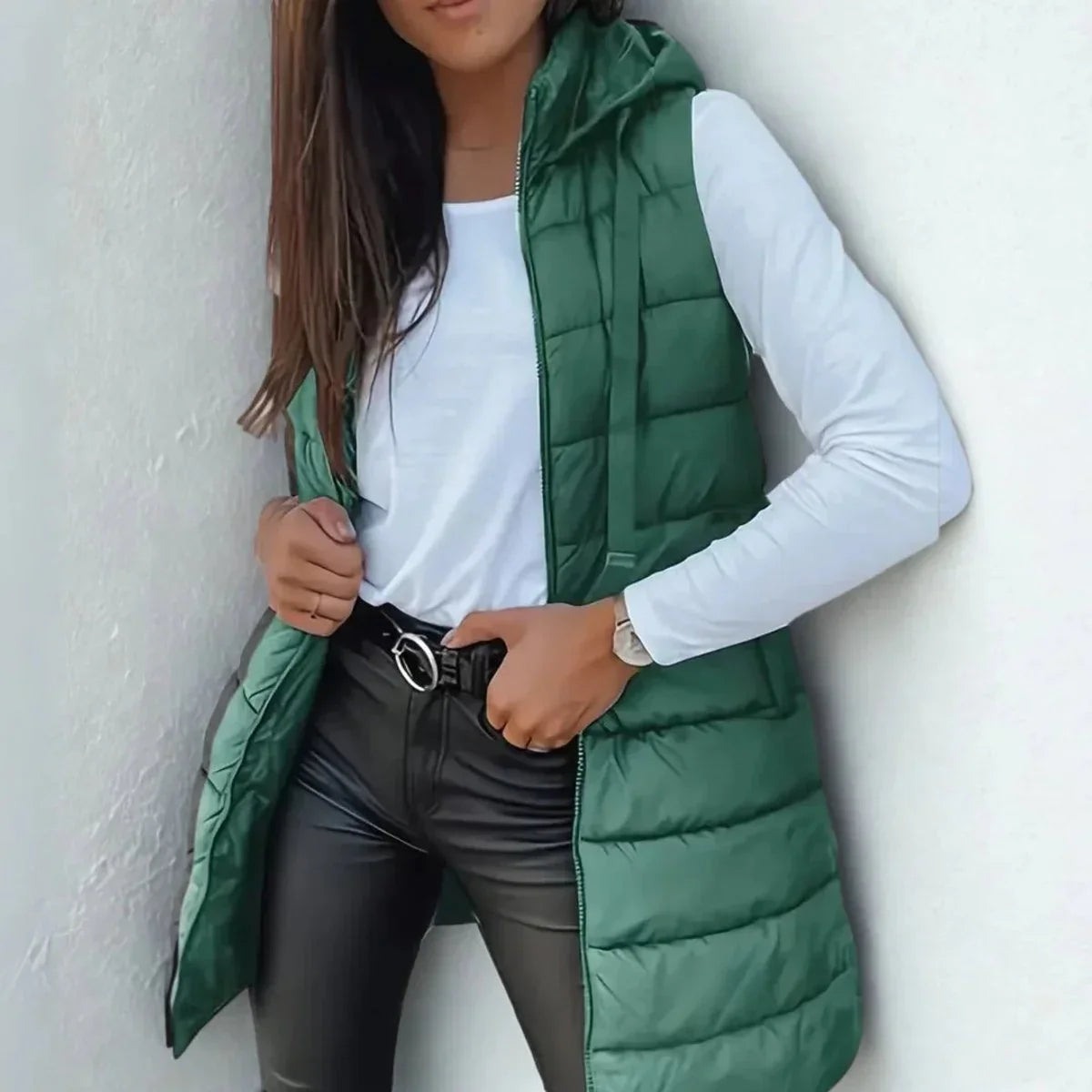 Elsabet - Women's Longline Hooded Puffer Vest - Green