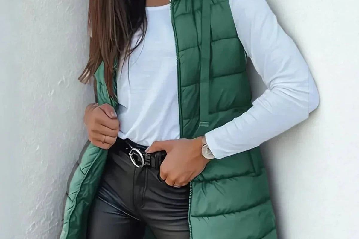 Elsabet - Women's Longline Hooded Puffer Vest - Green