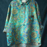 Elsebeth - Women's Oversized Collar Floral Print Blouse - Turquoise