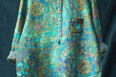 Elsebeth - Women's Oversized Collar Floral Print Blouse - Turquoise