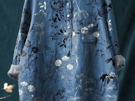 Elsebeth - Women's Oversized Collar Floral Print Blouse - Light Blue