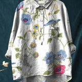 Elsebeth - Women's Oversized Collar Floral Print Blouse - White