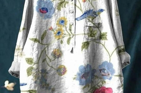 Elsebeth - Women's Oversized Collar Floral Print Blouse - White
