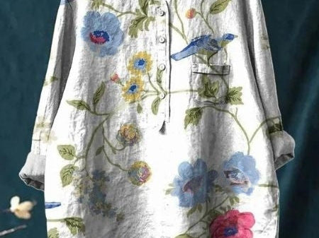 Elsebeth - Women's Oversized Collar Floral Print Blouse - White