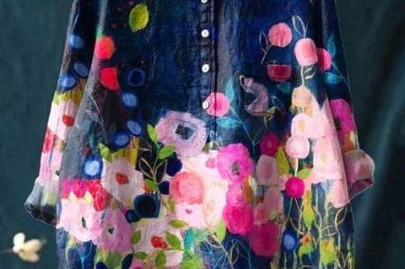 Elsebeth - Women's Oversized Collar Floral Print Blouse - Dark Blue