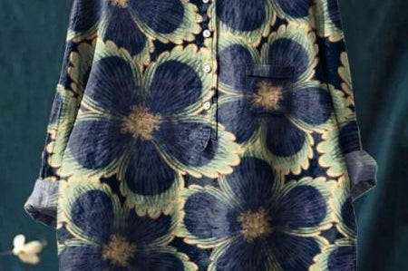Elsebeth - Women's Oversized Collar Floral Print Blouse - Navy