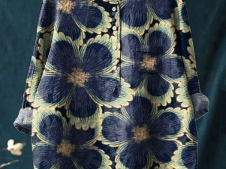 Elsebeth - Women's Oversized Collar Floral Print Blouse - Navy