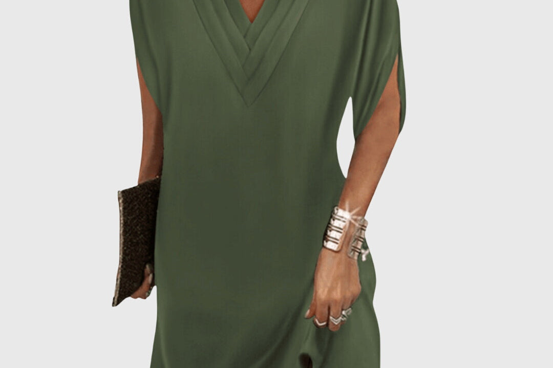 Eluned - Women's Flowing Dress with Soft Draped Waist - Green