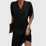 Eluned - Women's Flowing Dress with Soft Draped Waist - Black