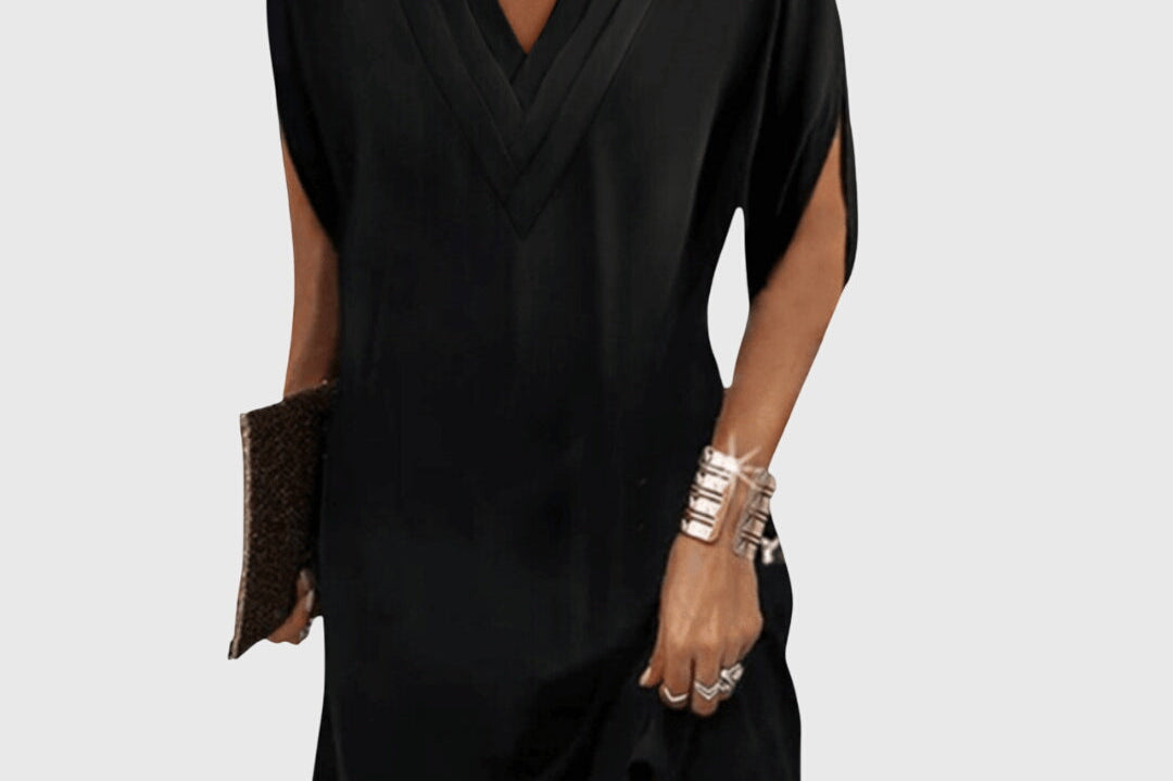 Eluned - Women's Flowing Dress with Soft Draped Waist - Black