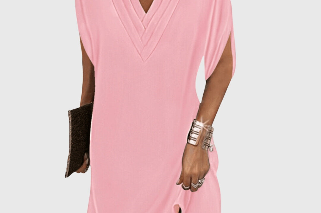 Eluned - Women's Flowing Dress with Soft Draped Waist - Pink