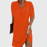 Eluned - Women's Flowing Dress with Soft Draped Waist - Orange