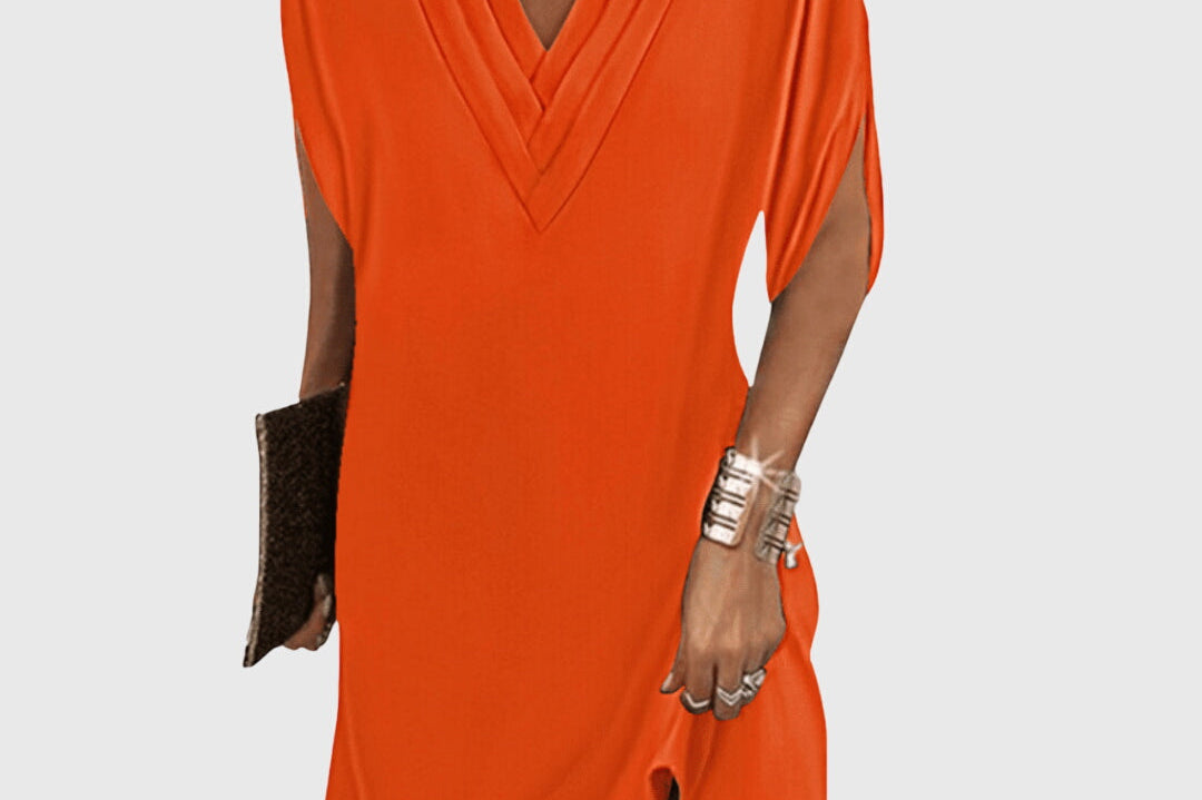 Eluned - Women's Flowing Dress with Soft Draped Waist - Orange