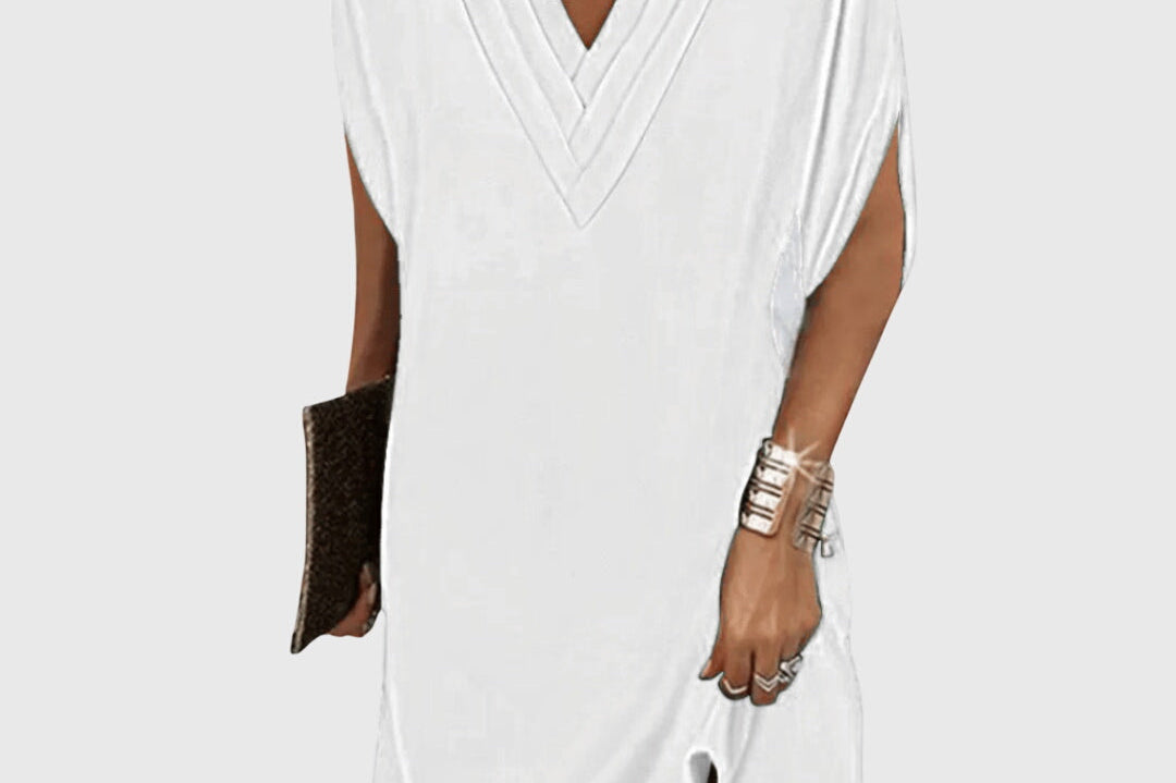 Eluned - Women's Flowing Dress with Soft Draped Waist - White