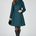 Emberly - Women's Hooded Double-Breasted A-Line Coat - Teal Green