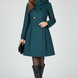 Emberly - Women's Hooded Double-Breasted A-Line Coat - Teal Green