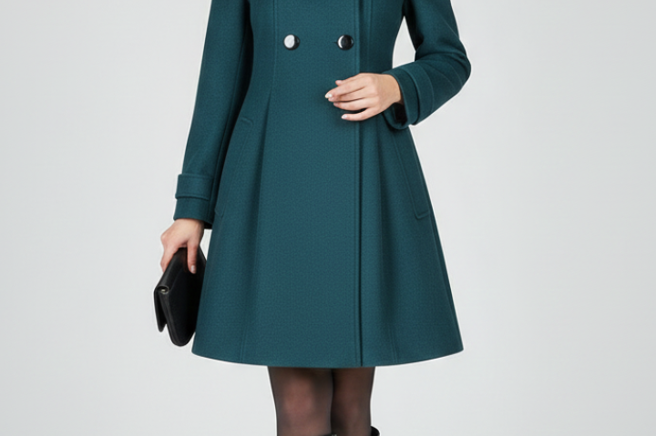 Emberly - Women's Hooded Double-Breasted A-Line Coat - Teal Green