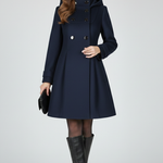 Emberly - Women's Hooded Double-Breasted A-Line Coat - Navy
