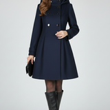 Emberly - Women's Hooded Double-Breasted A-Line Coat - Navy