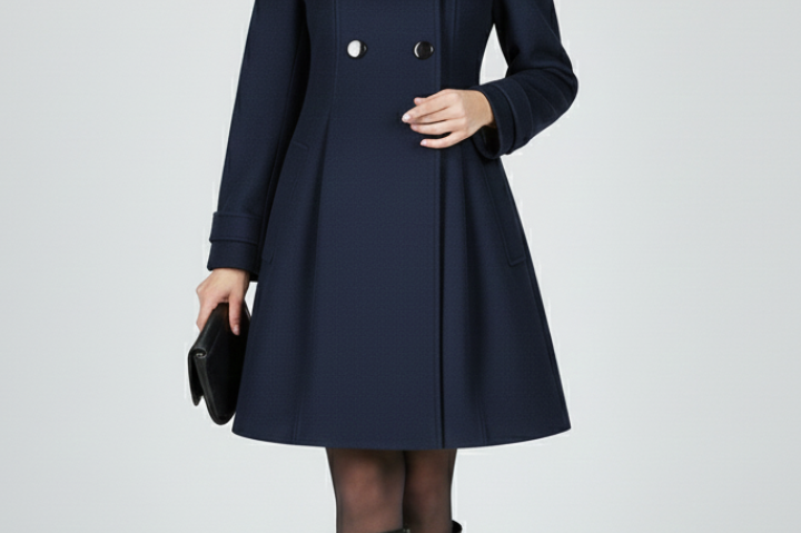 Emberly - Women's Hooded Double-Breasted A-Line Coat - Navy