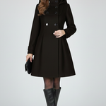 Emberly - Women's Hooded Double-Breasted A-Line Coat - Black