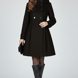Emberly - Women's Hooded Double-Breasted A-Line Coat - Black