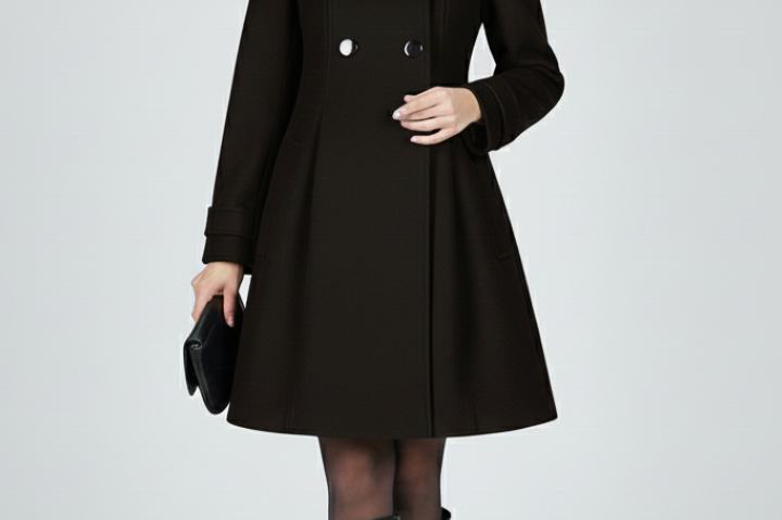 Emberly - Women's Hooded Double-Breasted A-Line Coat - Black