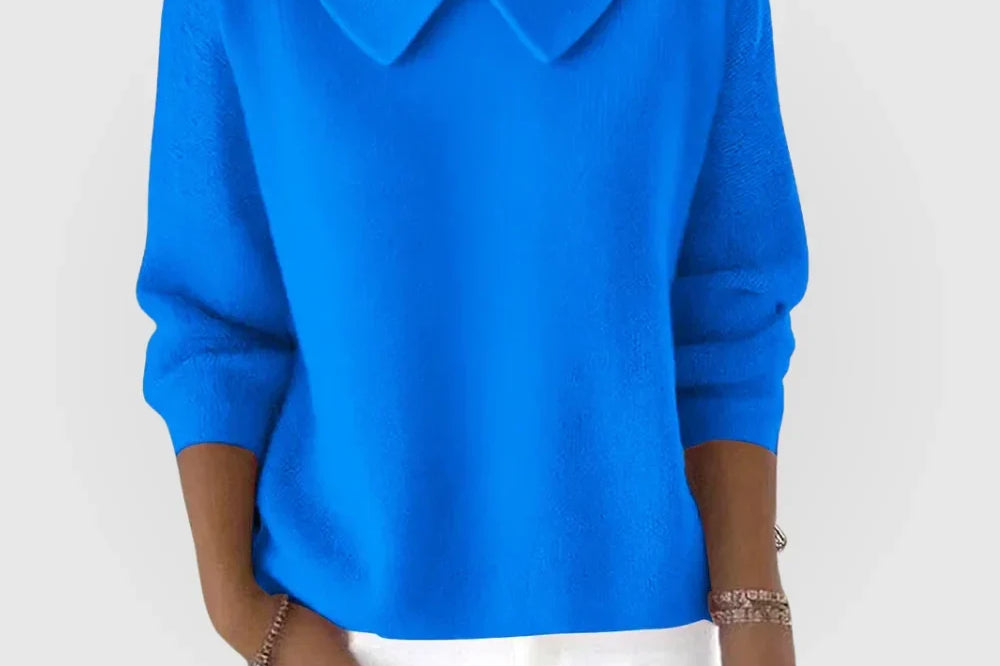 Emer - Women's Relaxed Knit Sweater with Rounded Collar - Blue