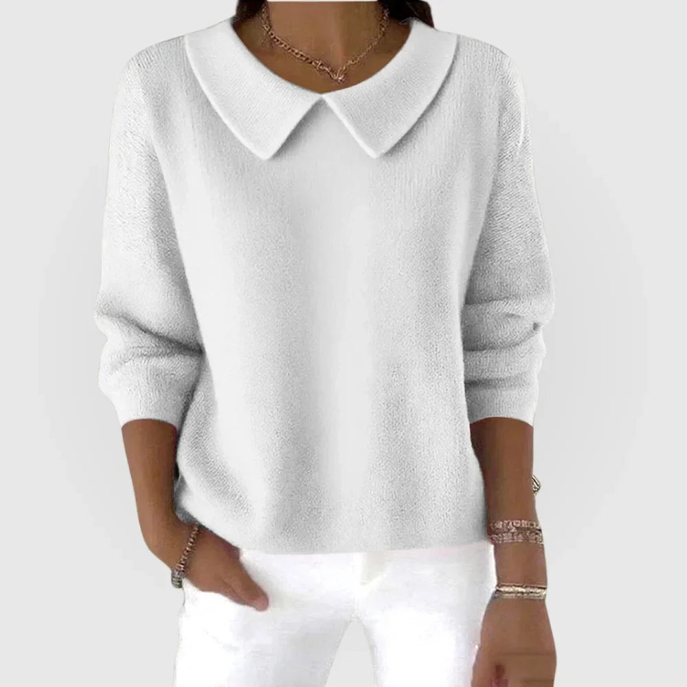 Emer - Women's Relaxed Knit Sweater with Rounded Collar - White