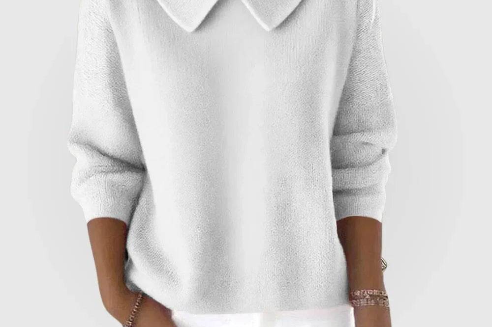 Emer - Women's Relaxed Knit Sweater with Rounded Collar - White