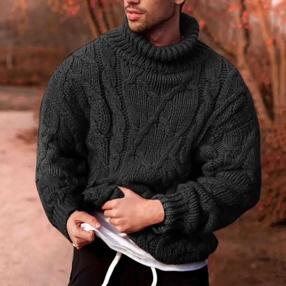 Emmett - Men's Chunky Cable Knit Turtleneck Sweater - Black