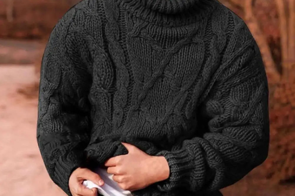 Emmett - Men's Chunky Cable Knit Turtleneck Sweater - Black