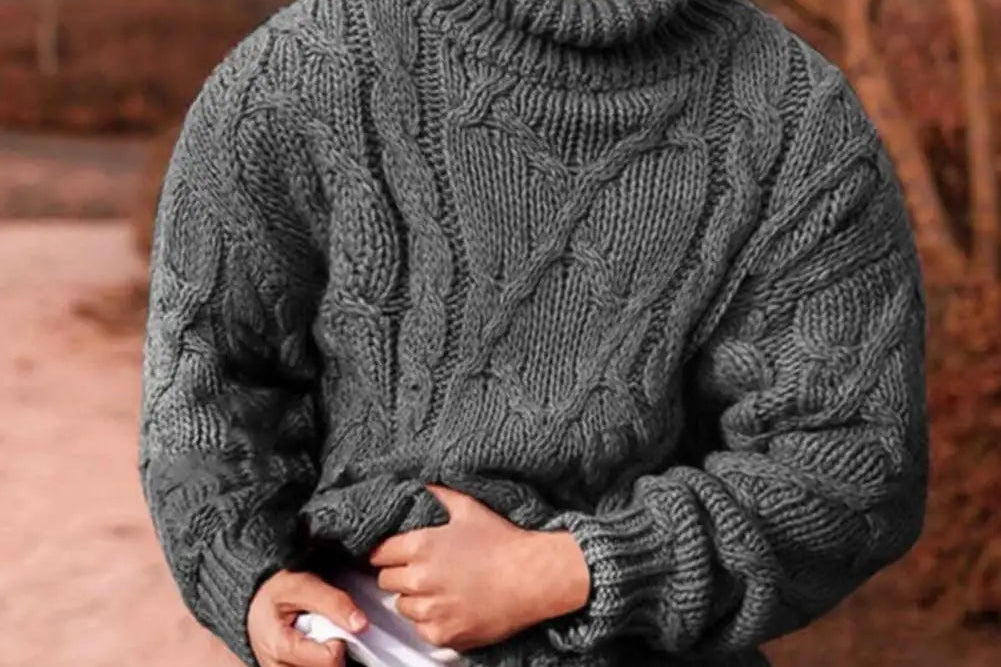 Emmett - Men's Chunky Cable Knit Turtleneck Sweater - Gray