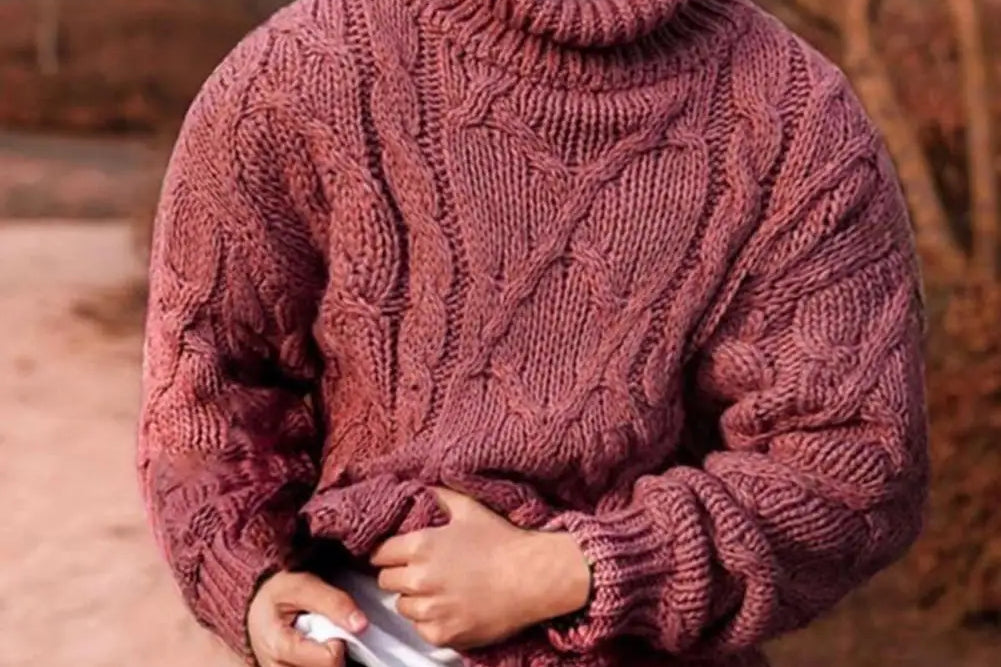 Emmett - Men's Chunky Cable Knit Turtleneck Sweater - Red