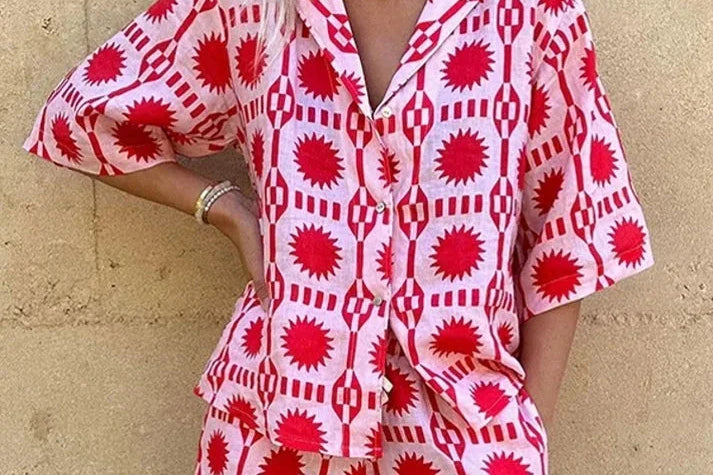 Women's Geometric Print Shirt And Shorts Set | Playful Lightweight Summer Set