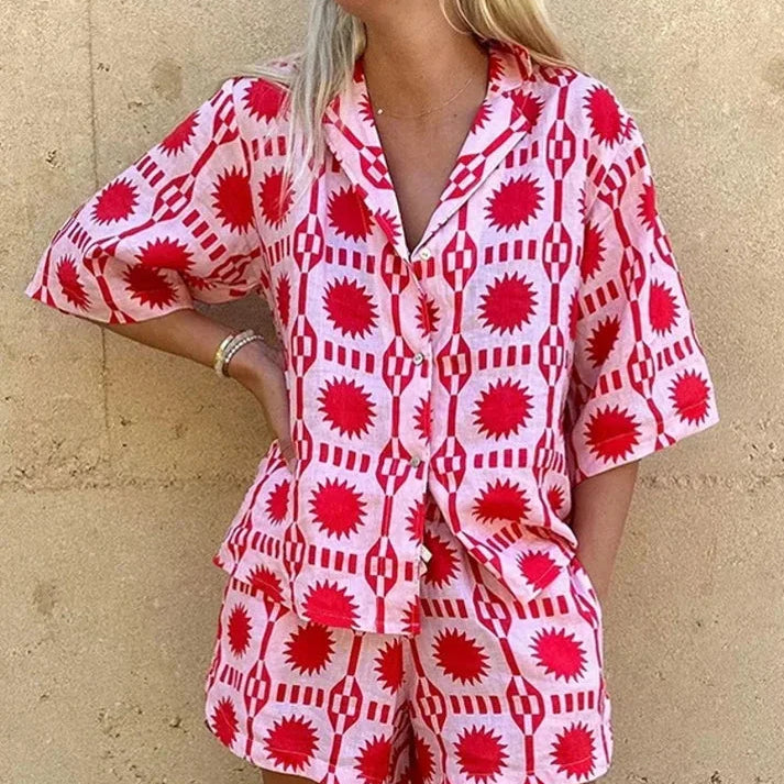 Women's Geometric Print Shirt And Shorts Set | Playful Lightweight Summer Set