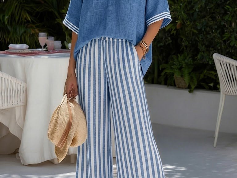 Blue linen wide-leg set