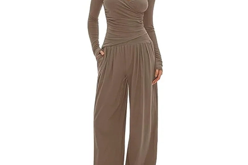 Women's Long-Sleeve Wide-Leg Lounge Set | Soft Stretch Two-Piece Set