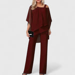 Eske - Women's Draped Overlay Top and Wide-Leg Pants Set - Wine Red
