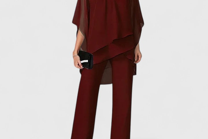 Eske - Women's Draped Overlay Top and Wide-Leg Pants Set - Wine Red