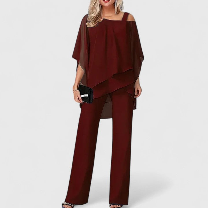 Eske - Women's Draped Overlay Top and Wide-Leg Pants Set - Wine Red