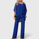 Eske - Women's Draped Overlay Top and Wide-Leg Pants Set - Sapphire Blue