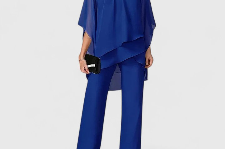 Eske - Women's Draped Overlay Top and Wide-Leg Pants Set - Sapphire Blue