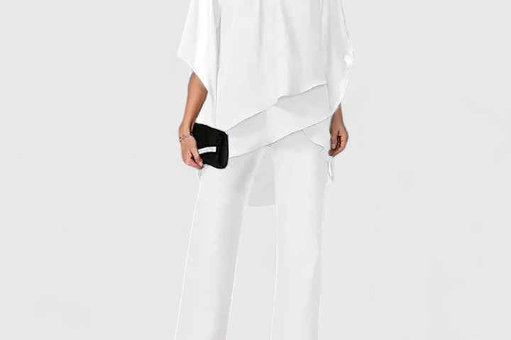 Eske - Women's Draped Overlay Top and Wide-Leg Pants Set - White